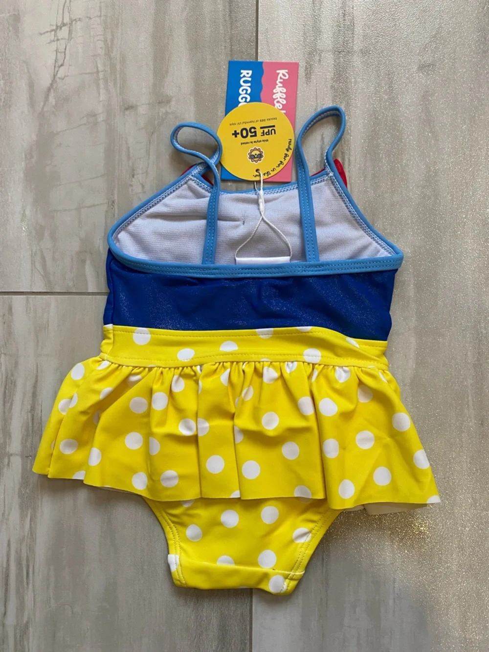 NWT RuffleButts Apple Princess Big Bow Yellow Polka Dot Skirted Swimsuit 3-6M
